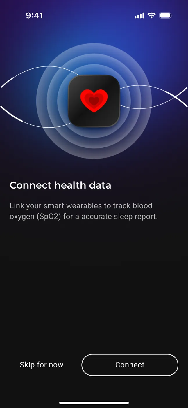 Airese onboarding — Connect health data, granting Apple Health or Health Connect access for blood oxygen tracking