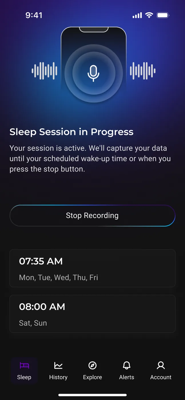 Airese active session — Sleep Session in Progress, recording quietly until the scheduled wake-up time