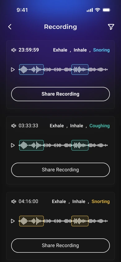 Airese recording list — each detected snoring, coughing and snorting event annotated on its audio wave, replayable and shareable